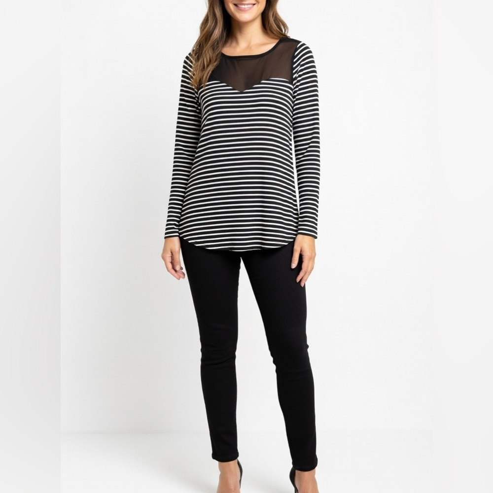 Gianni Bini Black & White Striped Long-Sleeve Top with Sheer Yoke